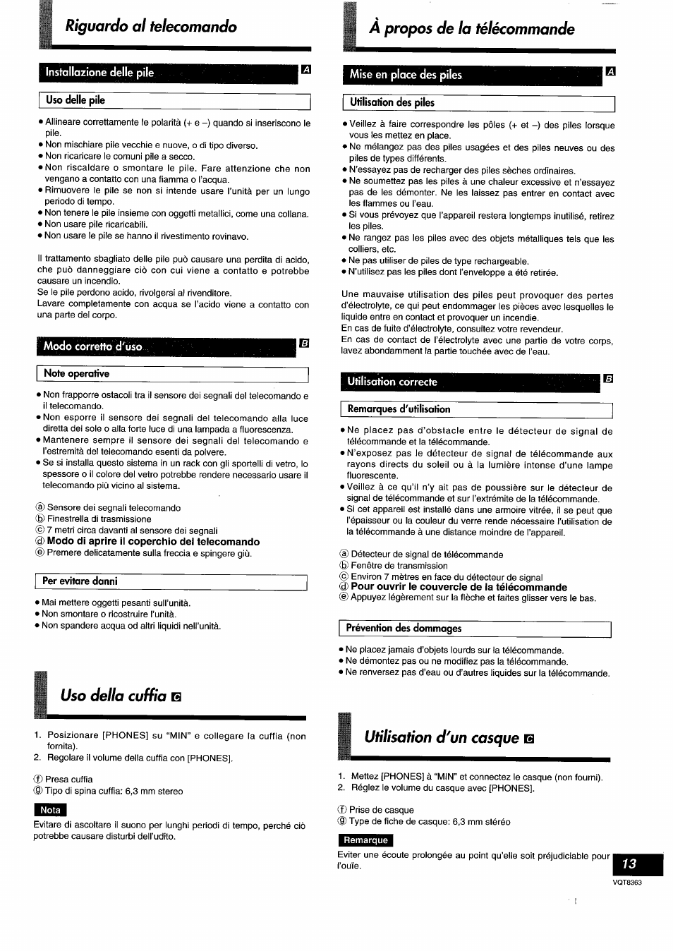 Installazione delle pile, Mise en place des piles, Uso delle pile | Utilisarion des piles, Modo corretto d'uso, Note operative, 0 modo di aprire il coperchio del telecomando, Utilisation correcte, 0 pour ouvrir le couvercle de la télécommande, Uso della cuffia | Panasonic DVDA10 User Manual | Page 13 / 108