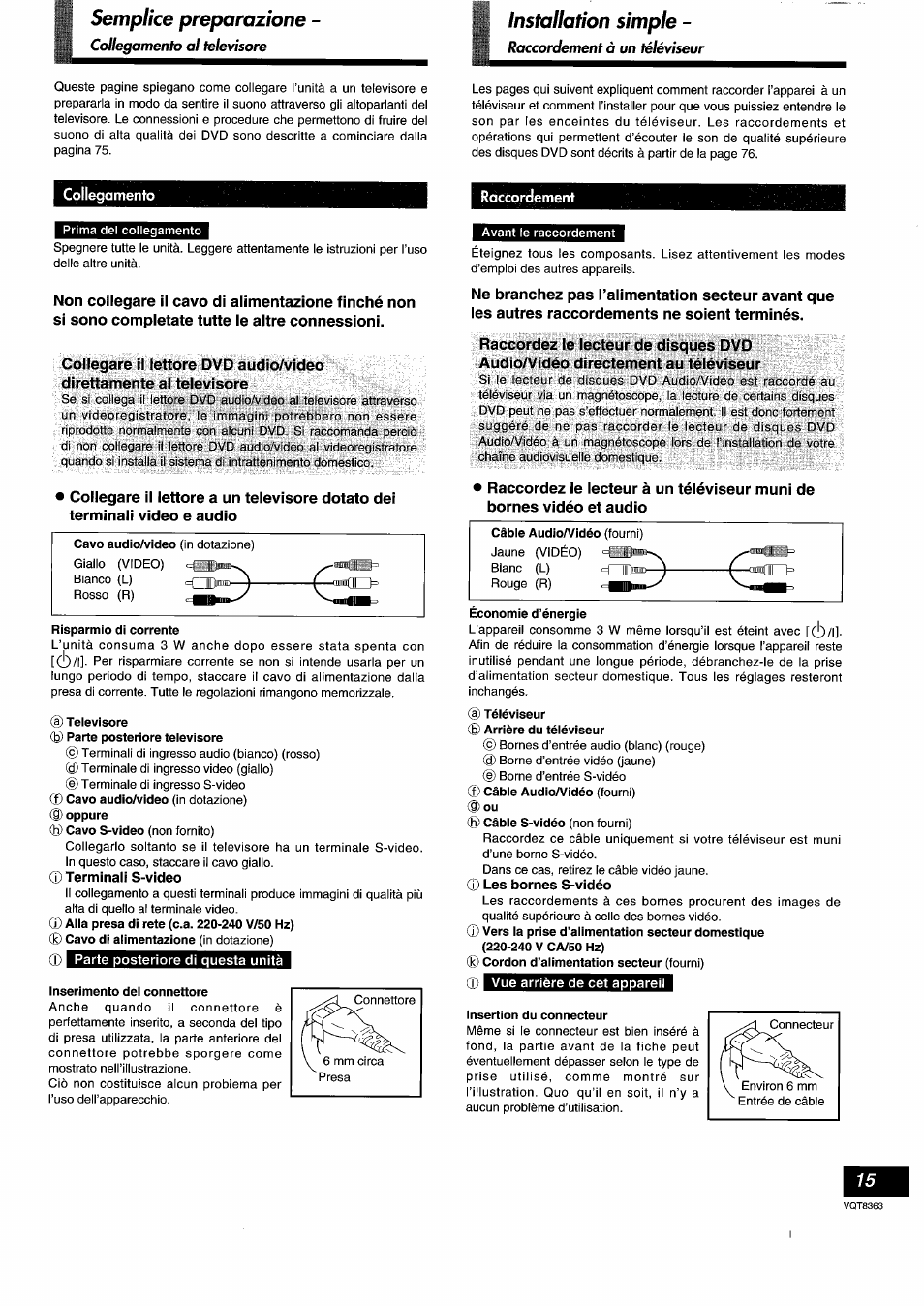 Collegamento, Raccordement, Risparmio di corrente | A) televisore, Terminali s-video, Inserimento del connettore, Économie d’énergie, Les bornes s-vidéo, Insertion du connecteur, Semplice preparazione | Panasonic DVDA10 User Manual | Page 15 / 108