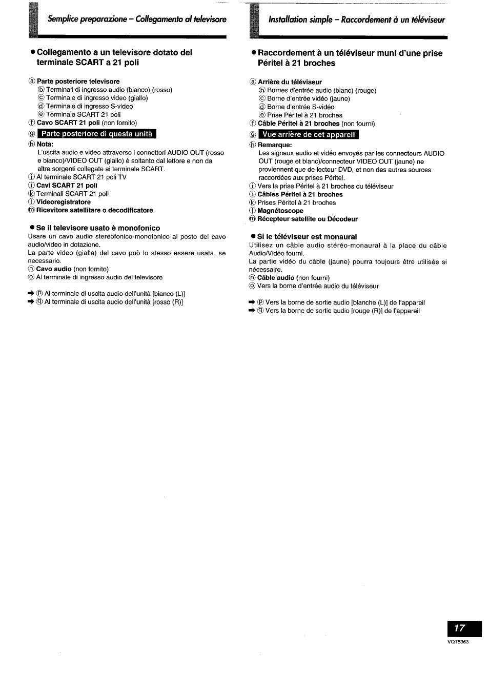Parte posteriore televisore, Parte posteriore di questa unità, Nota | Se il televisore usato è monofonico, Arrière du téléviseur, Remarque, Si le téléviseur est monaural | Panasonic DVDA10 User Manual | Page 17 / 108
