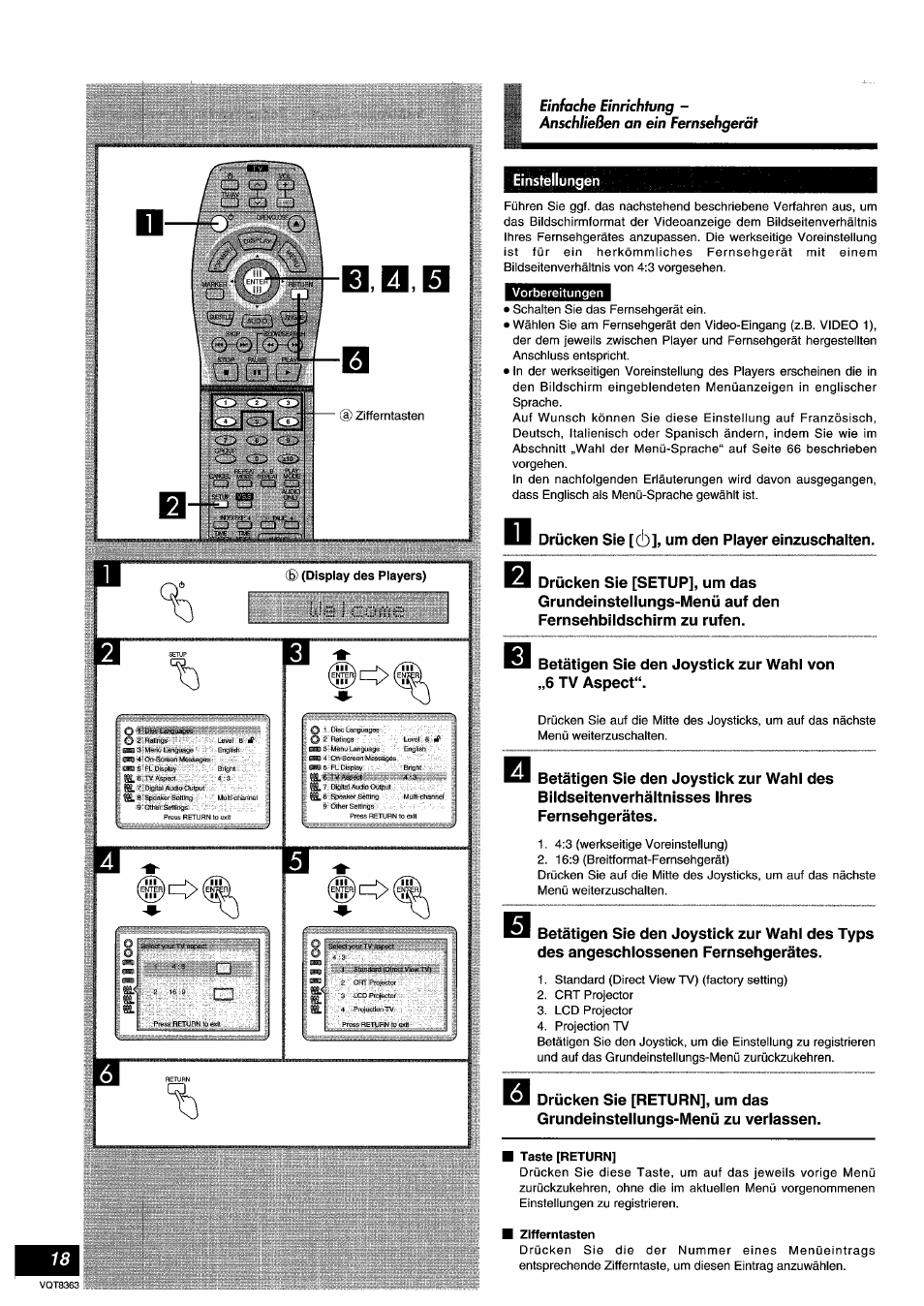 Display des players), Eihstejiungen, Taste [return | Zifferntasten | Panasonic DVDA10 User Manual | Page 18 / 108