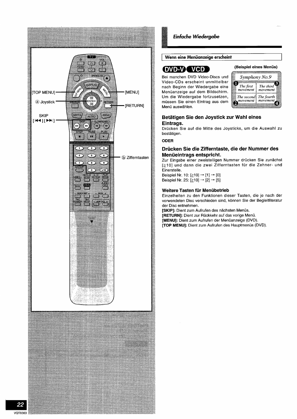 Betätigen sie den joystick zur wahl eines eintrags, Weitere tasten für menübetrieb | Panasonic DVDA10 User Manual | Page 22 / 108