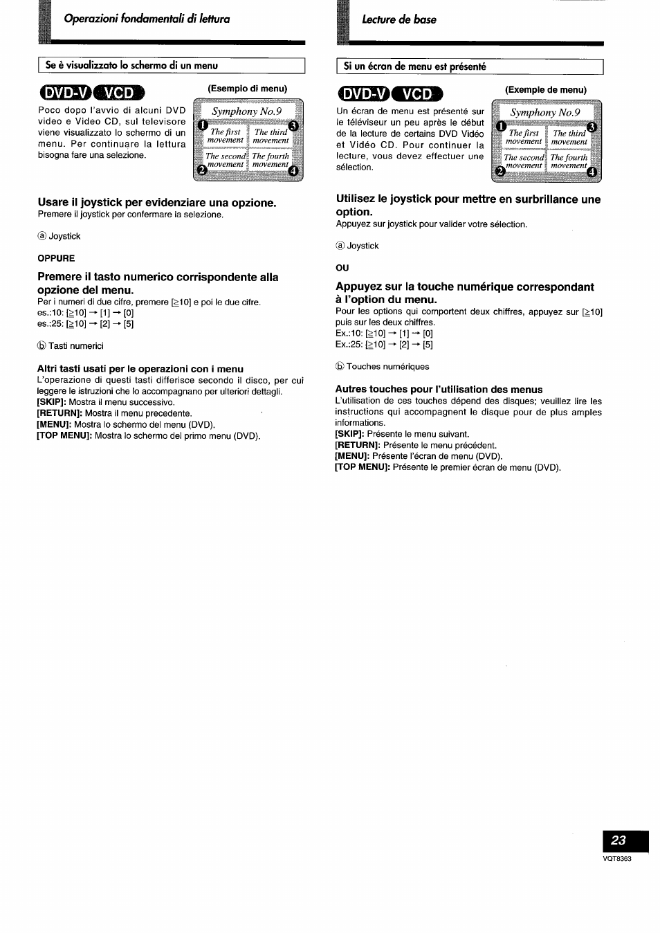 Se è visualizzato lo schermo di un menu, Si un écran de menu est présenté, Usare il joystick per evidenziare una opzione | Altri tasti usati per le operazioni con i menu, Autres touches pour l’utilisation des menus | Panasonic DVDA10 User Manual | Page 23 / 108
