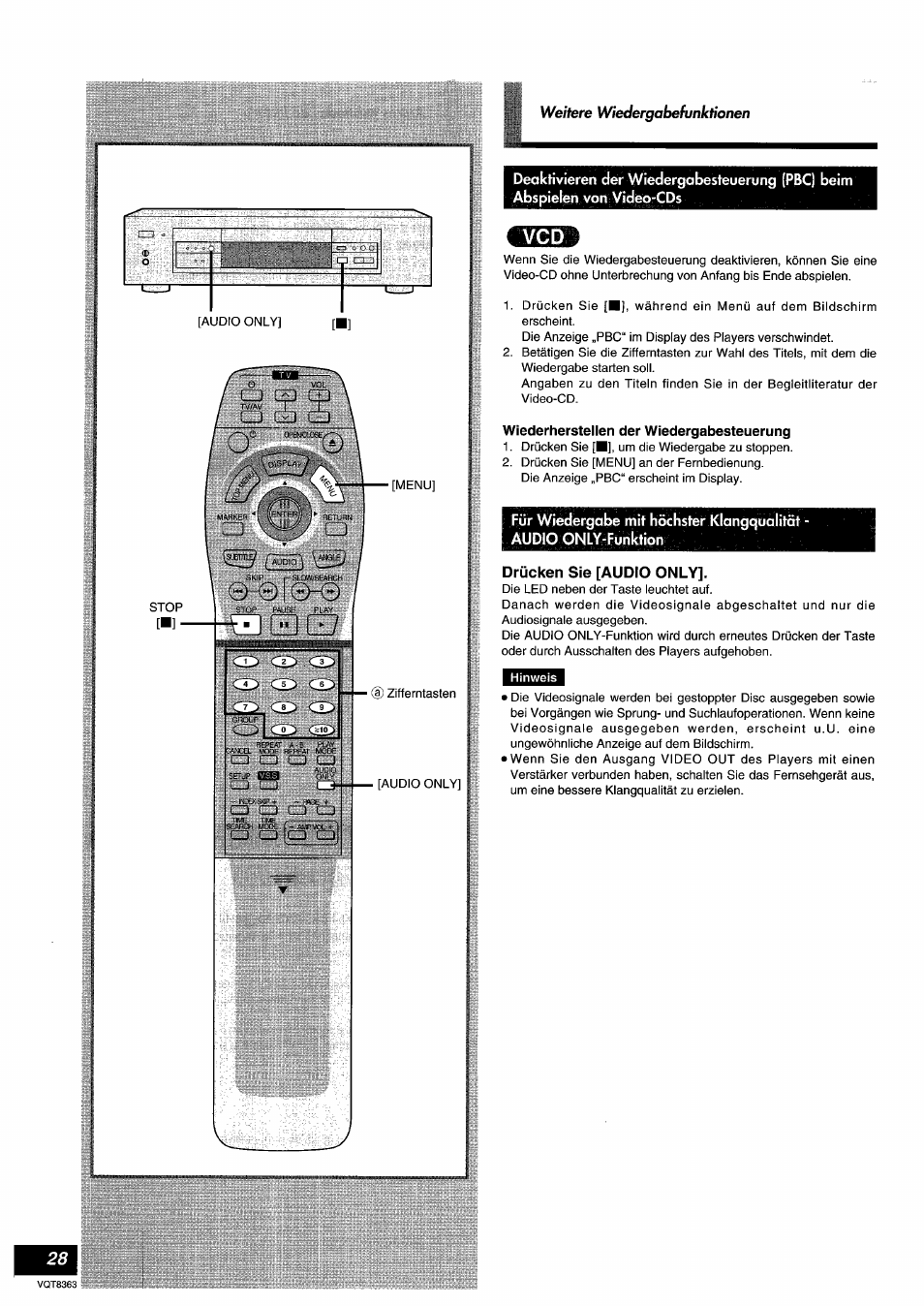 Wiederherstellen der wiedergabesteuerung, Drücken sie [audio only | Panasonic DVDA10 User Manual | Page 28 / 108