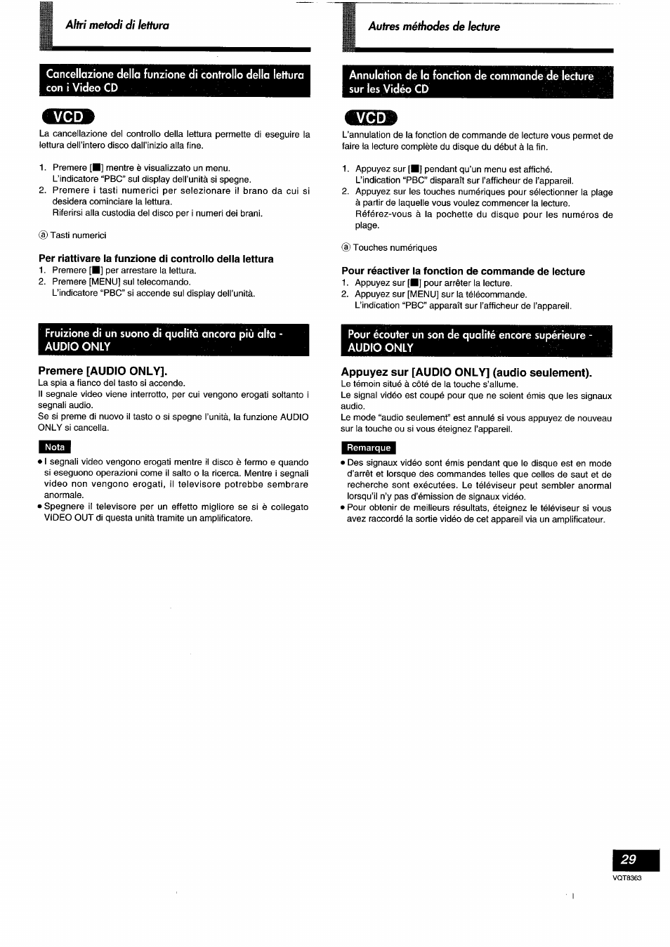 Pour réactiver ia fonction de commande de iecture, Premere [audio only, Appuyez sur [audio only] (audio seulement) | Panasonic DVDA10 User Manual | Page 29 / 108