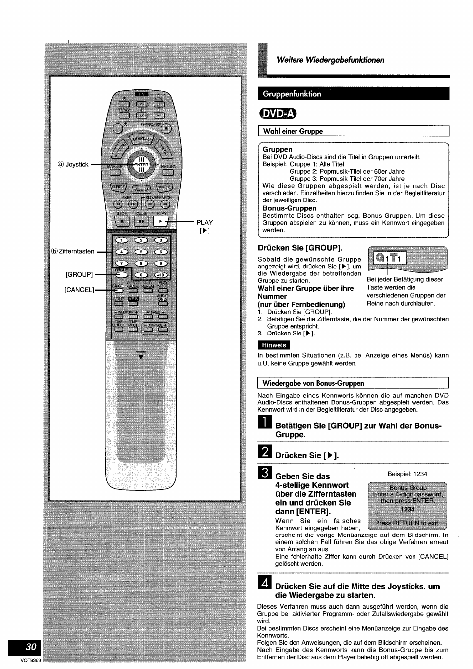 Gruppenfunktion, Wahl einer gruppe, Gruppen | Bonus-gruppen, Wahl einer gruppe über ihre nummer, Nur über fernbedienung) | Panasonic DVDA10 User Manual | Page 30 / 108