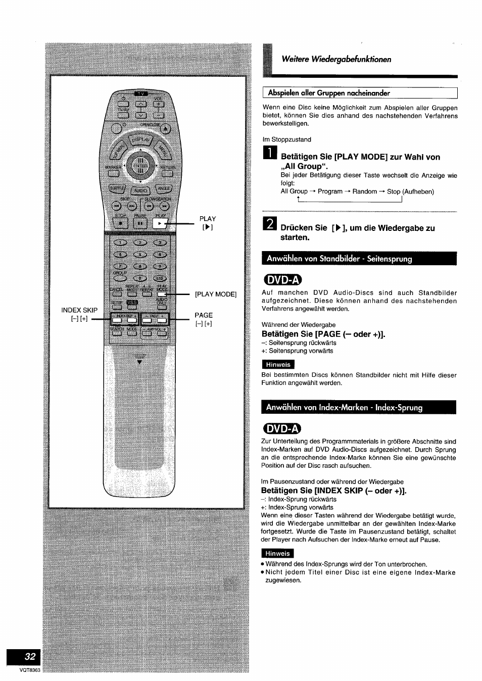 Drücken sie [^], um die wiedergabe zu starten, Anwählen von standbilder - seitensprung, Anwählen von index-marken - index-sprung | Betätigen sie [index skip (- oder -i-), T________________________i | Panasonic DVDA10 User Manual | Page 32 / 108