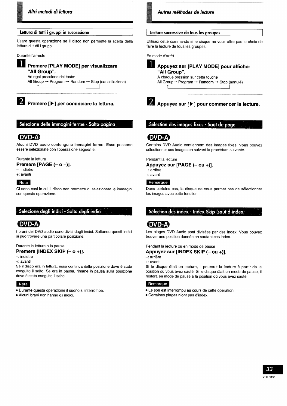 Lettura di tutti i gruppi in successione, Lecture successive de tous les groupes, Premere [play mode] per visualizzare “all group | Appuyez sur [play mode] pour afficher “ail group, Appuyez sur [^] pour commencer la lecture, Selezione degli indici - salto degli indici, Premere [index skip (- o +), Sélection des index - index skip (saut d'index), Appuyez sur [index skip (- ou +), T________________________ i | Panasonic DVDA10 User Manual | Page 33 / 108
