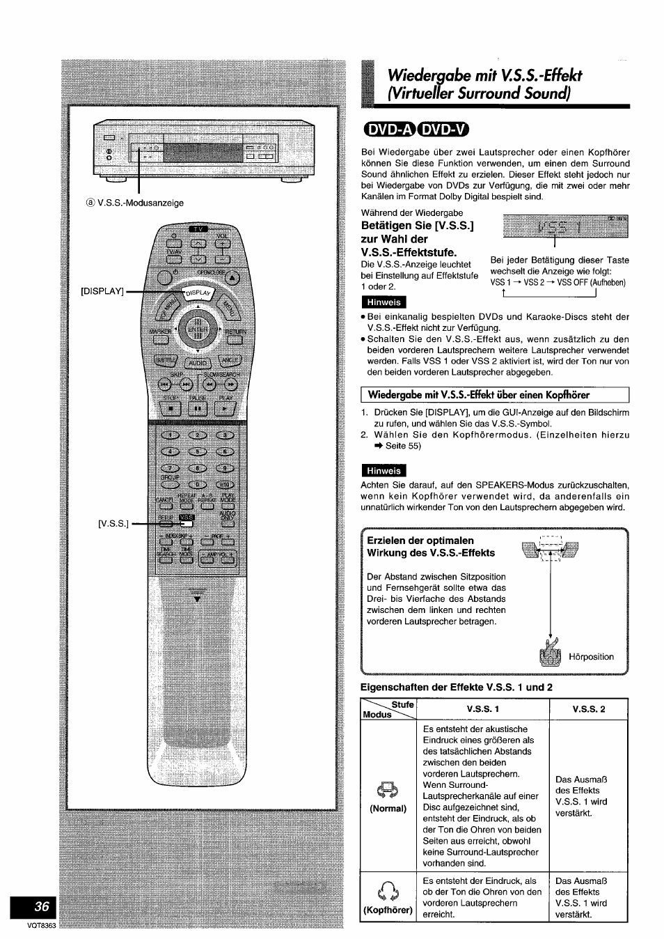 Wiedergabe mit v.s.s.-effekt über einen kopfhörer, Erzielen der optimalen wirkung des v.s.s.-effekts, Stufe | Normal), Kopfhörer), V.s.s. 1, V.s.s. 2, T_______________ i | Panasonic DVDA10 User Manual | Page 36 / 108