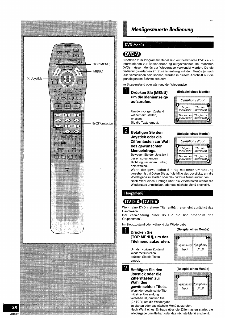 Dvd-metlüs, Hauptmenü, Dvd-menüs | Symphony no.9, Symphony symphony no.5 no.9, Menügesteuerte bedienung | Panasonic DVDA10 User Manual | Page 38 / 108