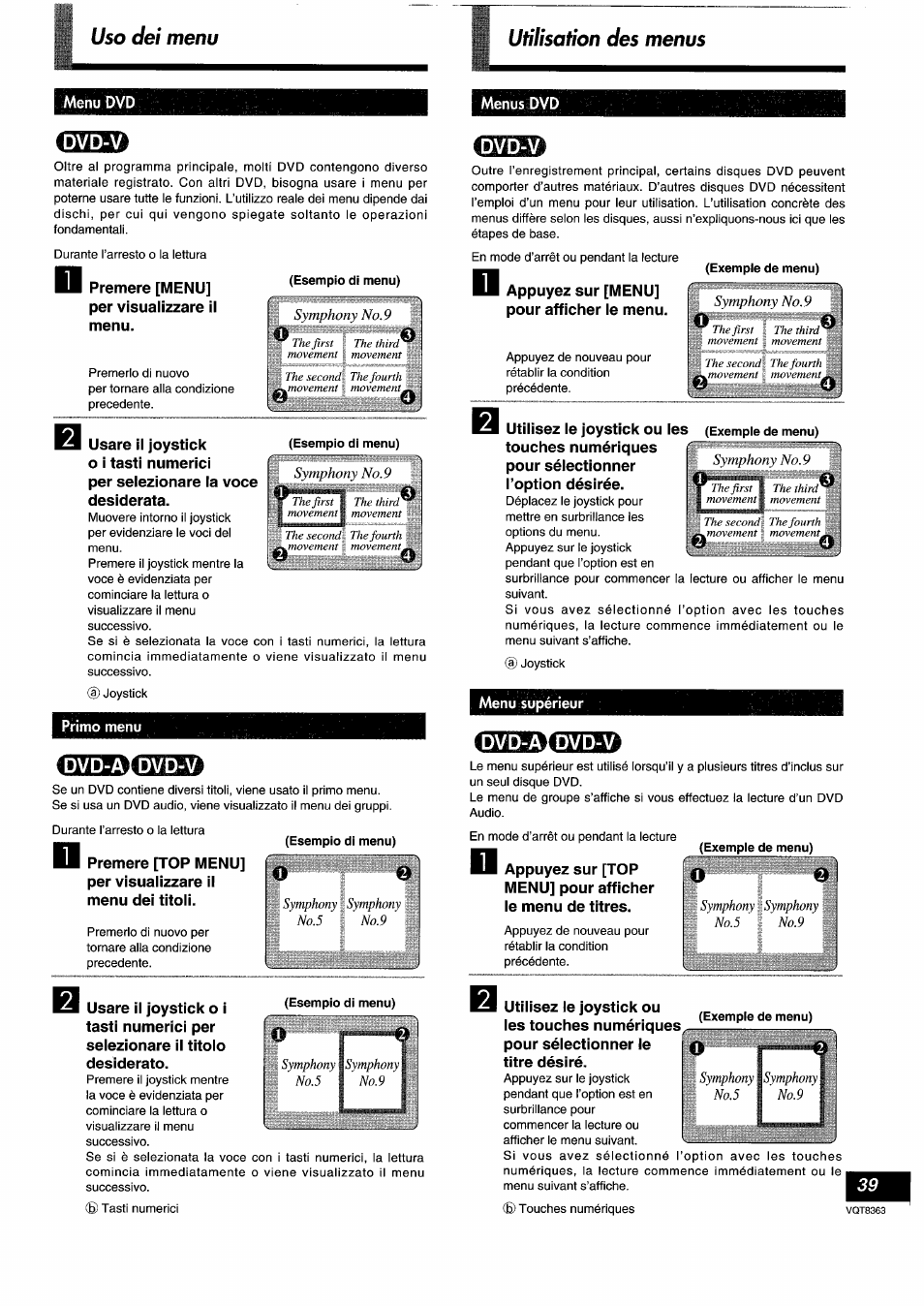 Esempio di menu), Exemple de menu), Symphony no. 9 | Symphony n0.9, Symphony ' no.5, Symphony, Symphi <n \ no.5, No.'i, A!e>€üe | Panasonic DVDA10 User Manual | Page 39 / 108