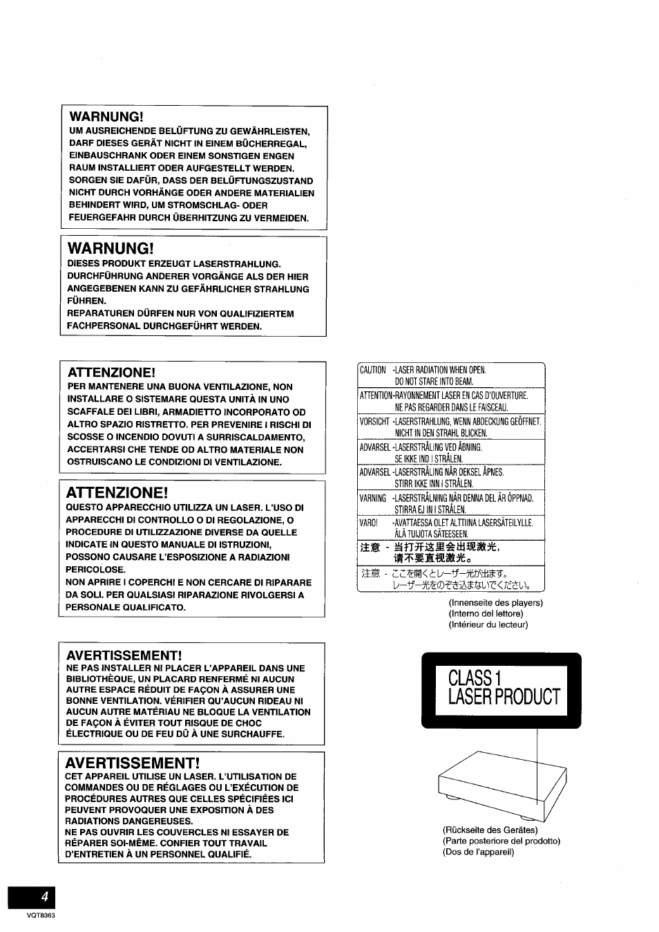 Warnung, Attenzione, Avertissement | Manutenzione | Panasonic DVDA10 User Manual | Page 4 / 108