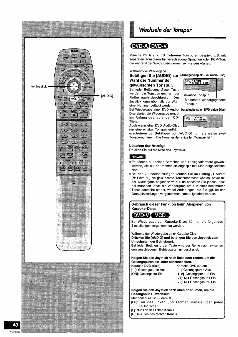 Löschen der anzeige, Gbböübed, Wechseln der tonspur | Panasonic DVDA10 User Manual | Page 40 / 108