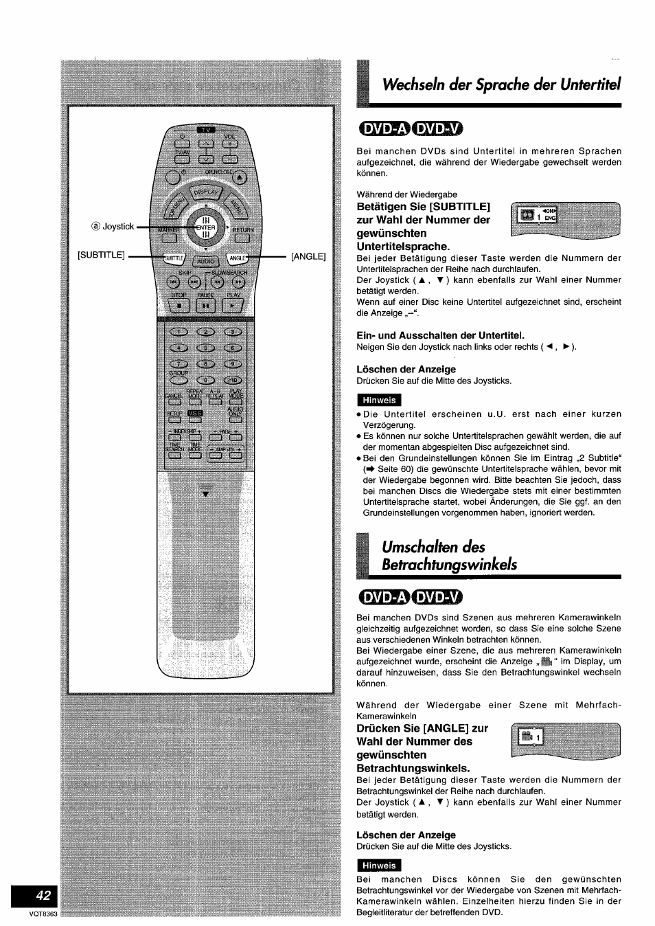 Ein- und ausschalten der untertitel, Löschen der anzeige, Ihühdgübd | Wechseln der sprache der untertitel, Umschalten des betrachtungswinkels | Panasonic DVDA10 User Manual | Page 42 / 108