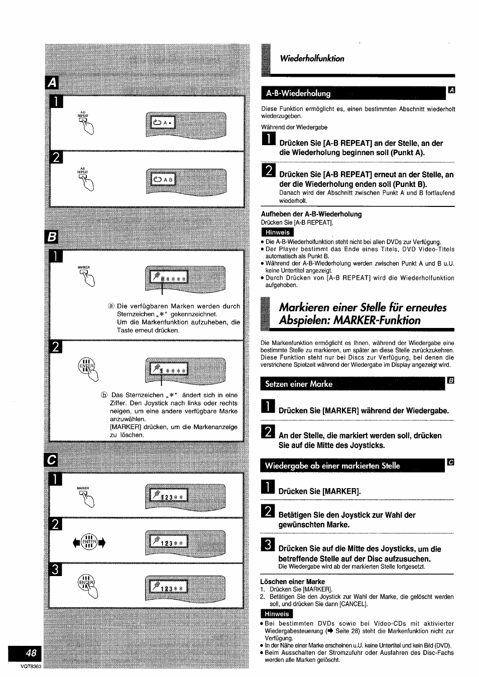 A-b-wiederhölijng, Aufheben der a-b-wiederholung, Setzen einer marke | Wiedergabe ab einer markierten stelle, Löschen einer marke, A-b-wiederholung | Panasonic DVDA10 User Manual | Page 48 / 108