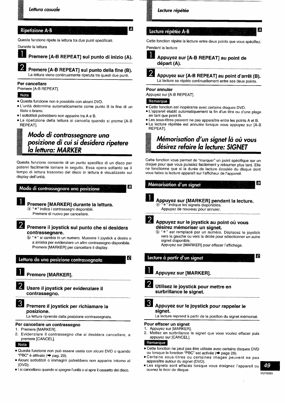 Per cancellare, Lecfure répétée a-b, Pour annuler | Modo di contrassegnare una posizione, Mémorisation d'un signet, Lettura da una posizione contrassegnata, Lecture à partir d'un signet, Per cancellare un contrassegno, Pour effacer un signet, Lecture répétée | Panasonic DVDA10 User Manual | Page 49 / 108