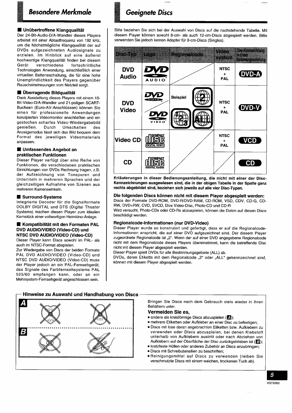 Unübertroffene klangqualität, Überragende bildqualität, Umfassendes angebot an praktischen funktionen | Surround-systeme, Hinweise zu auswahi und handhabung von discs, Vermeiden sie es, Besondere merkmale geeignete discs | Panasonic DVDA10 User Manual | Page 5 / 108