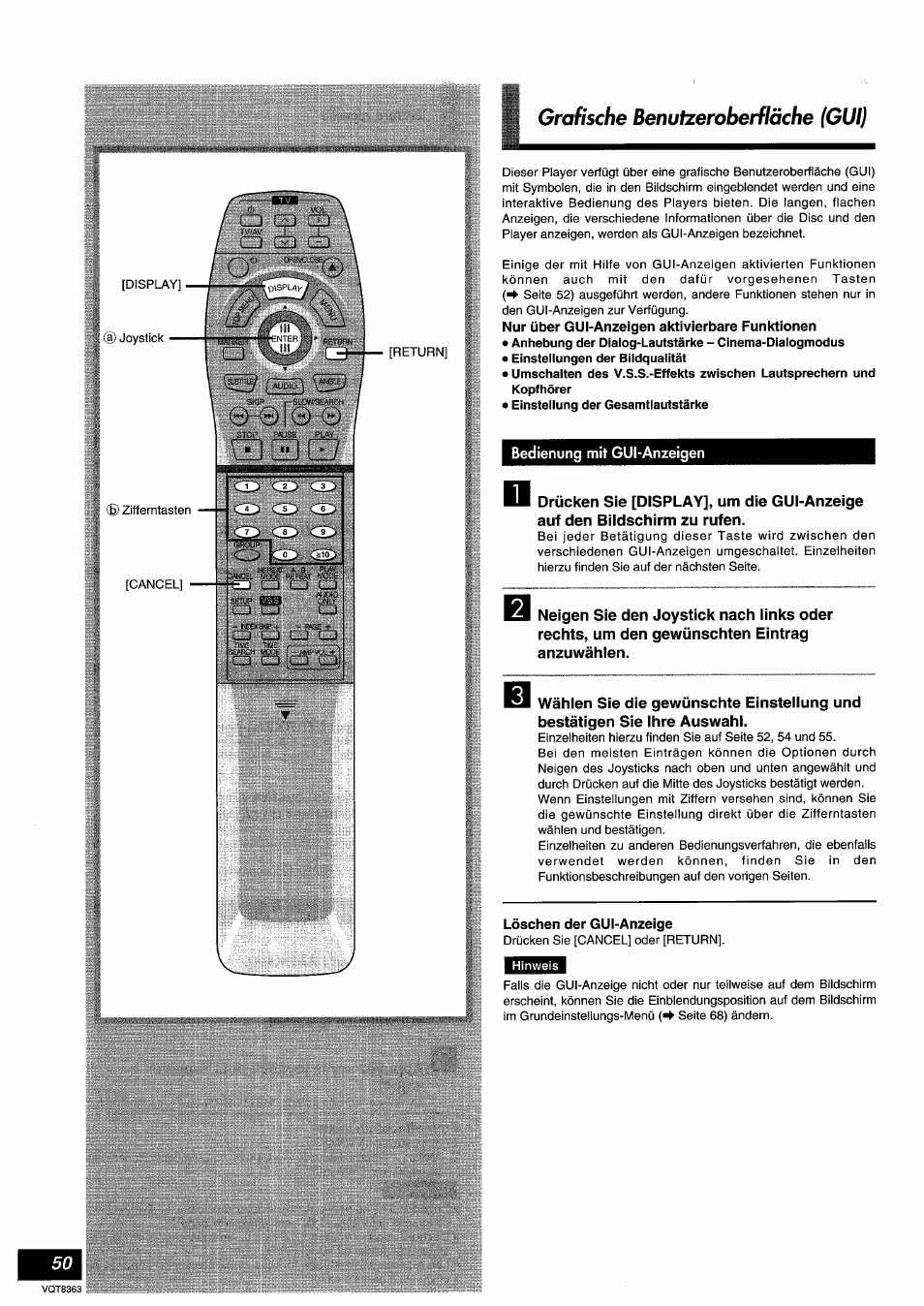 Nur über gui-anzeigen aktivierbare funktionen, Bedienung mit gui-anzeigen, Löschen der gui-anzeige | Grafische benuberoberfläche (gui) | Panasonic DVDA10 User Manual | Page 50 / 108