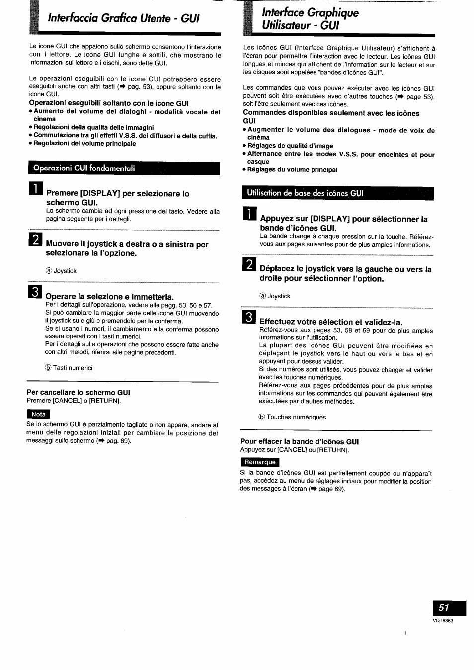 Operazioni eseguibiii soltanto con le icone gui, Operazioni gui fondamentali, Premere [display] per selezionare lo schermo gui | Operare ia selezione e immetterla, Per cancellare lo schermo gui, Utilisation de base des icônes gui, Effectuez votre sélection et validez-la, Pour effacer la bande d’icônes gui, Operazioni fondamentali di lettura, Interfaccia grafica utente - gui | Panasonic DVDA10 User Manual | Page 51 / 108