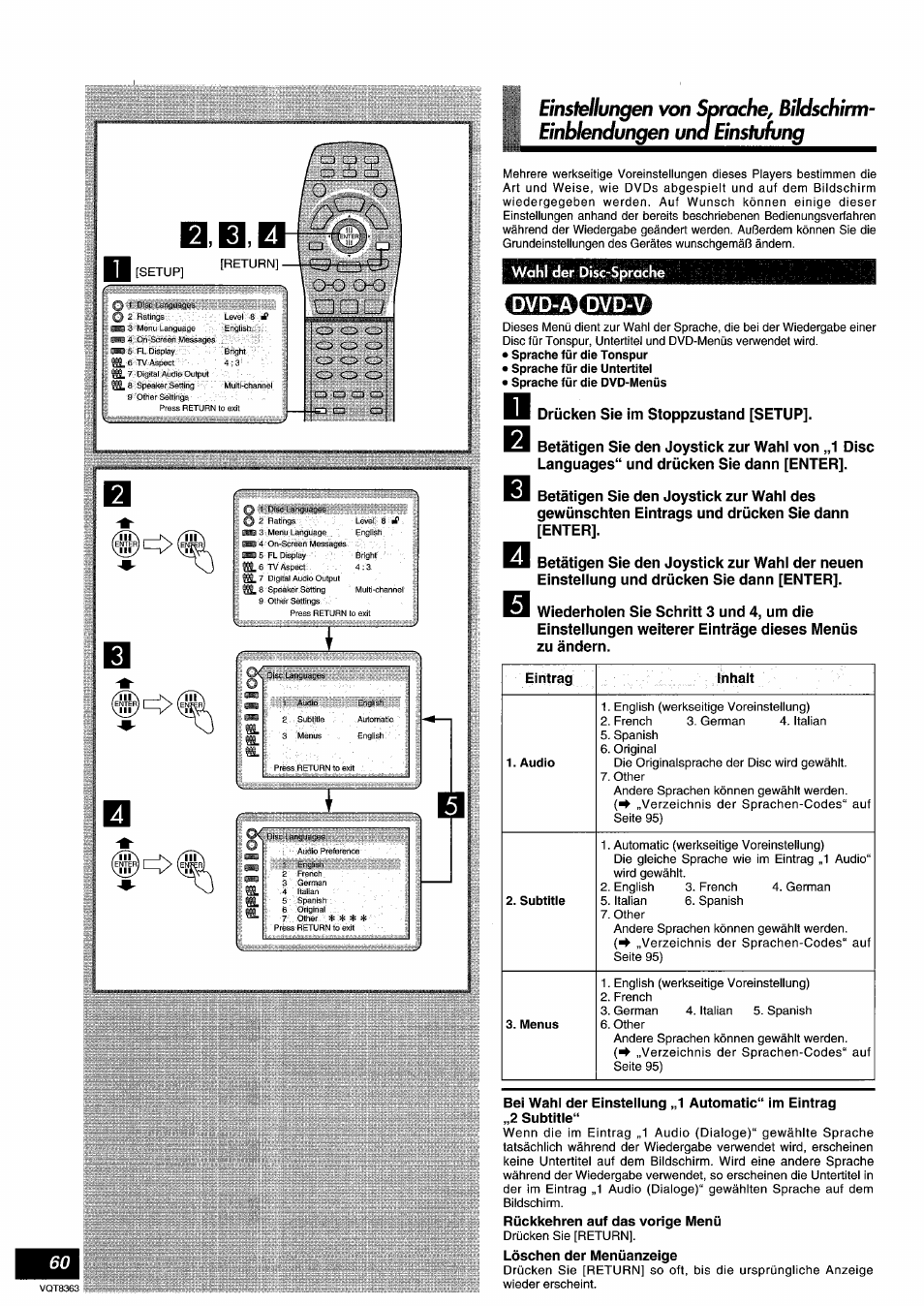 Wahl der disc-sprache, Rückkehren auf das vorige menü, Löschen der menüanzeige | Panasonic DVDA10 User Manual | Page 60 / 108