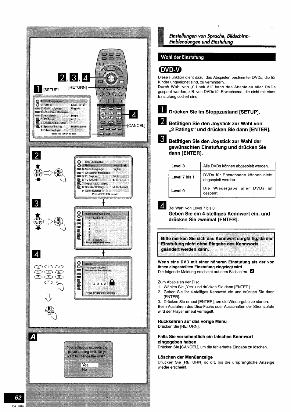 Wahl der einstufung, Drücken sie im stoppzustand [setup, Rückkehren auf das vorige menü | Oo chj, Co co co | Panasonic DVDA10 User Manual | Page 62 / 108