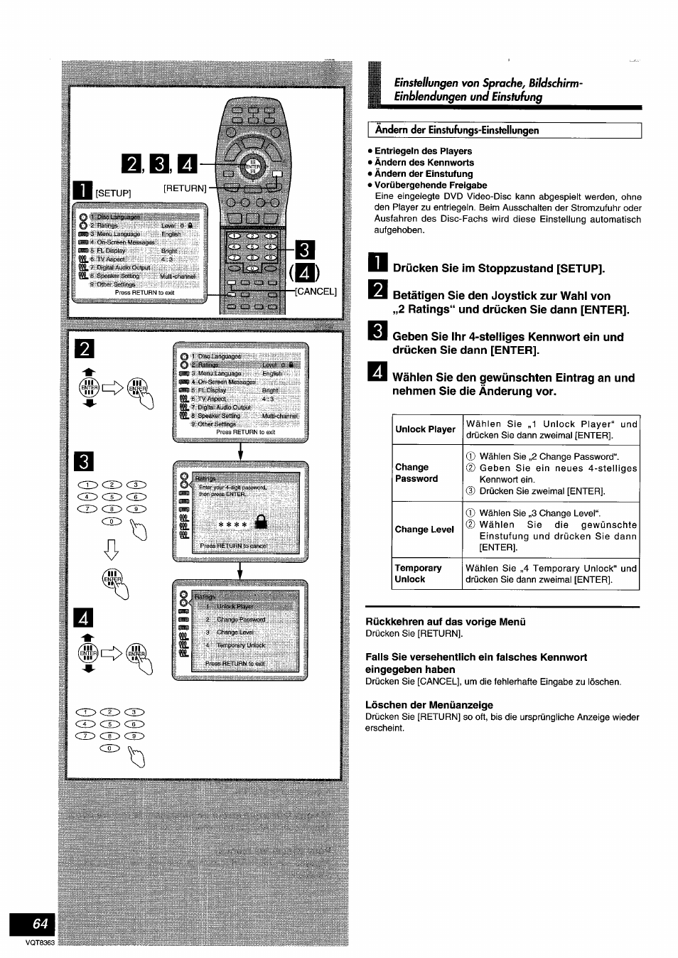Ändern der einstufungs-einstellungen, Entriegeln des players, Drücken sie im stoppzustand [setup | Rückkehren auf das vorige menü, Ce> czd ch5 | Panasonic DVDA10 User Manual | Page 64 / 108