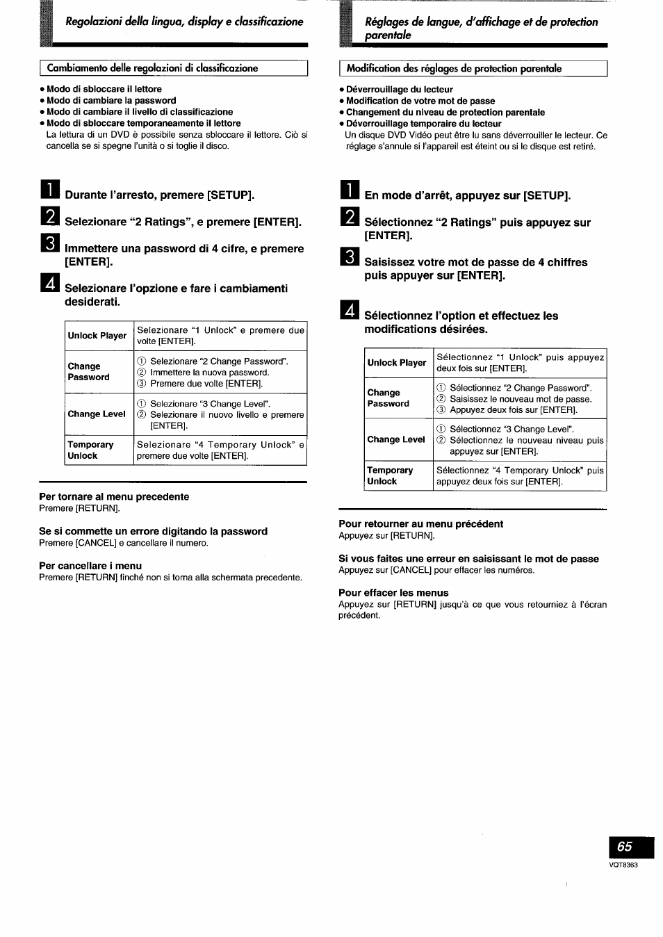 Durante l’arresto, premere [setup, Selezionare “2 ratings”, e premere [enter, En mode d’arrêt, appuyez sur [setup | Sélectionnez “2 ratings” puis appuyez sur [enter | Panasonic DVDA10 User Manual | Page 65 / 108