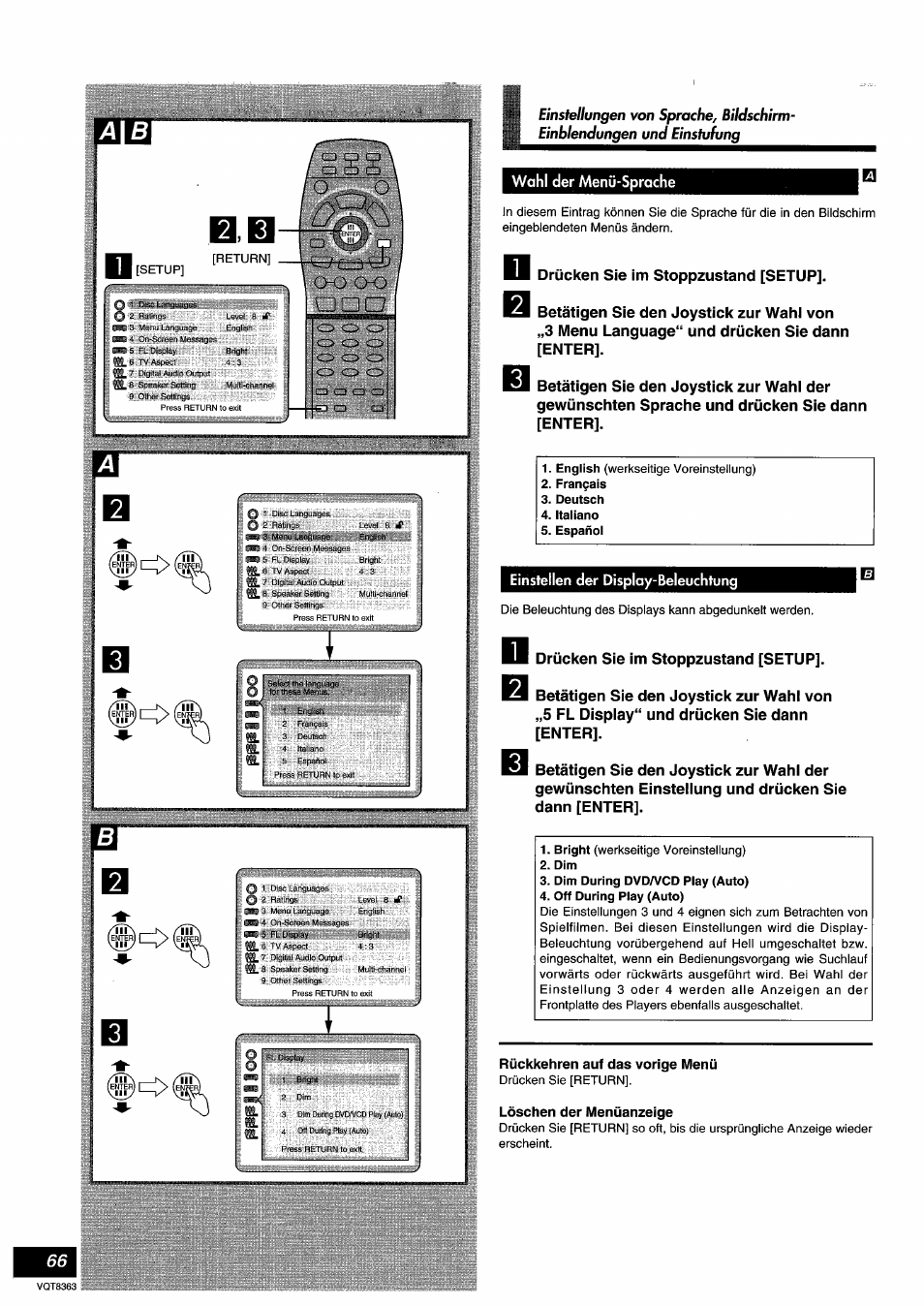 Wahl der menü-sprache, Français, Deutsch | Italiano, Español, Einstellen der display-beleuchtung, Dirn, Dirn during dvd/vcd play (auto), Off during play (auto), Rückkehren auf das vorige menü | Panasonic DVDA10 User Manual | Page 66 / 108