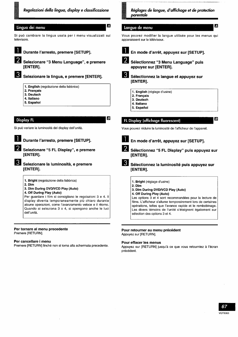 Lingua dei menu, Langue de menu, Display fl | Fl display (affichage fluorescent, Per tornare al menu precedente, Per cancellare i menu, Pour retourner au menu précédent, Pour effacer les menus | Panasonic DVDA10 User Manual | Page 67 / 108