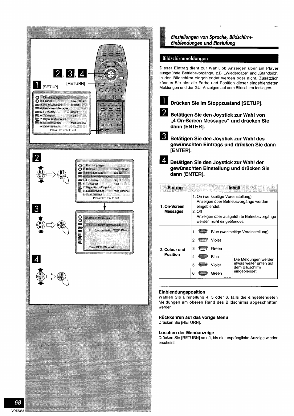 Bildschirmmeldungen, Einblendungsposition, Rückkehren auf das vorige menü | Löschen der menüanzeige | Panasonic DVDA10 User Manual | Page 68 / 108