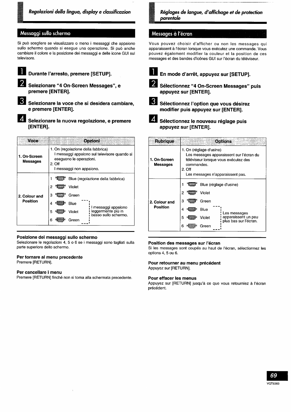 Posizione dei messaggi suiio schermo, Per tornare ai menu precedente, Per canceiiare i menu | Position des messages sur l’écran, Pour retourner au menu précédent, Pour effacer les menus | Panasonic DVDA10 User Manual | Page 69 / 108