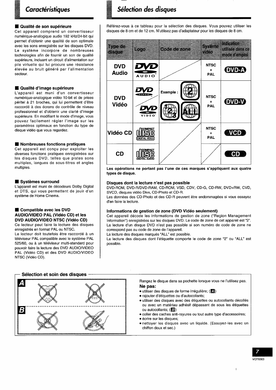 Qualité de son supérieure, Qualité d’image supérieure, Nombreuses fonctions pratiques | Systèmes surround, Disques dont la lecture n’est pas possible, Sélection et soin des disques, Ne pas, Sélection des disques, Caractéristiques sélection des disques, Dvd audio | Panasonic DVDA10 User Manual | Page 7 / 108