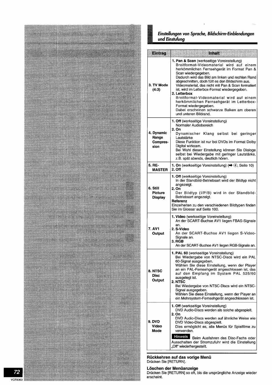 Rückkehren auf das vorige menü, Löschen der menüanzeige | Panasonic DVDA10 User Manual | Page 72 / 108