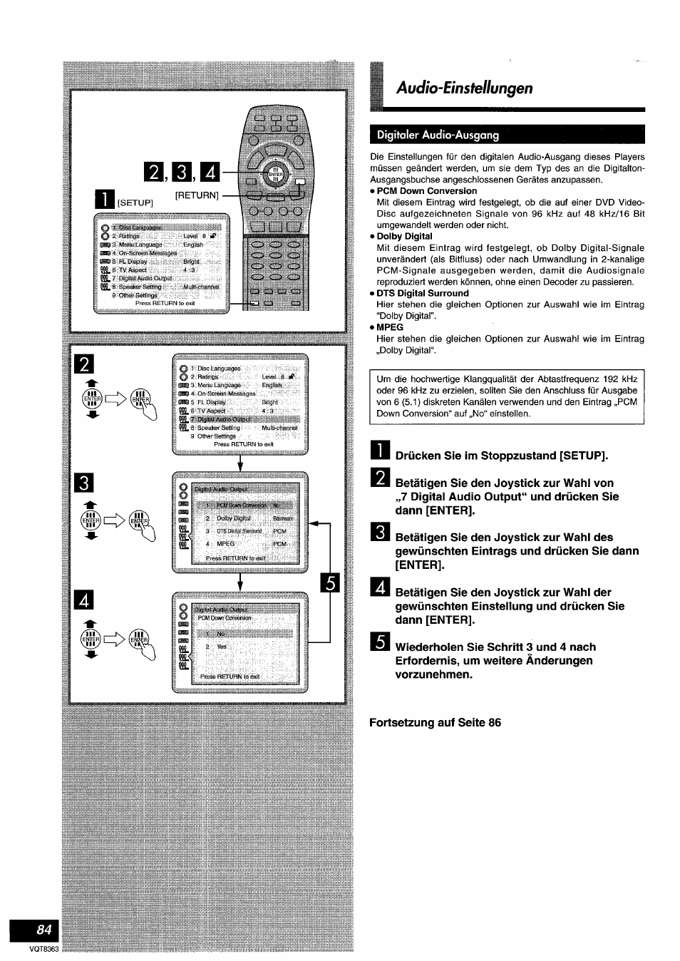 Digitaler audio-ausgang, Mpeg, Odlj | Audio-einstellungen | Panasonic DVDA10 User Manual | Page 84 / 108