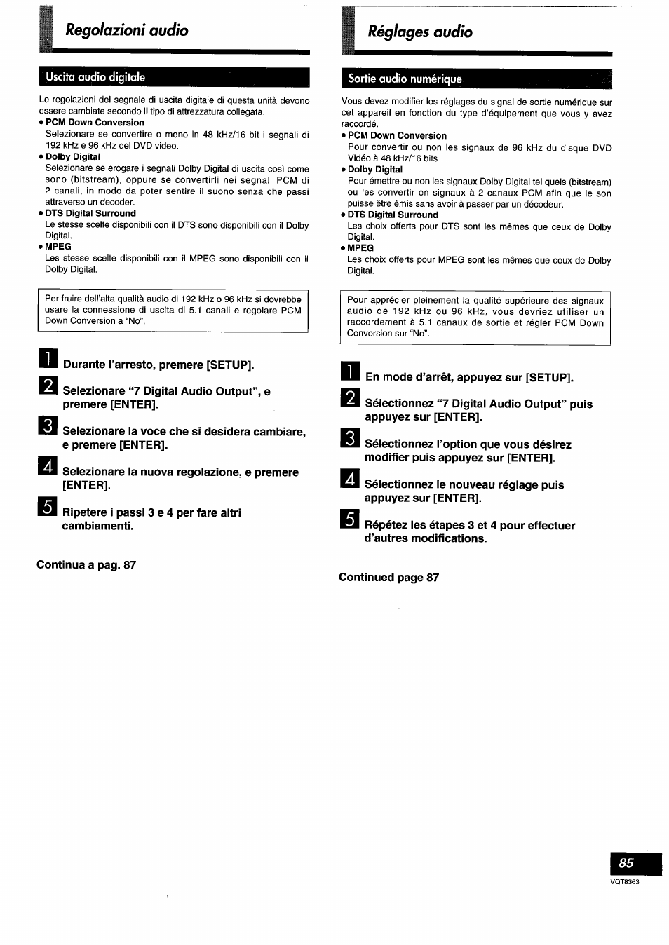 Regolazioni audio, Réglages audio | Panasonic DVDA10 User Manual | Page 85 / 108