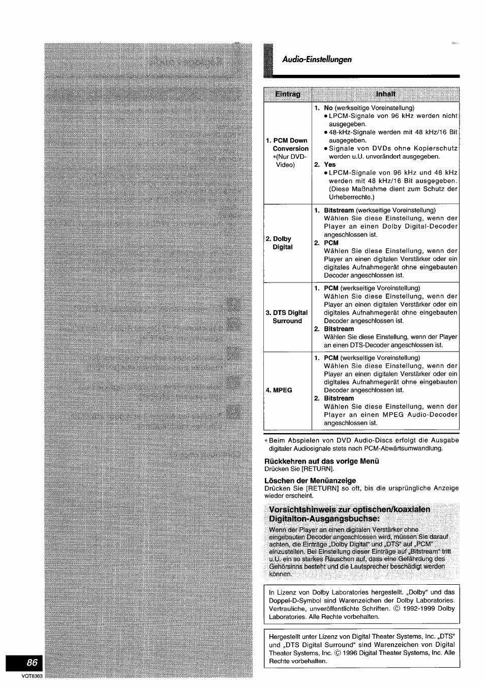 Rückkehren auf das vorige menü, Löschen der menüanzeige | Panasonic DVDA10 User Manual | Page 86 / 108