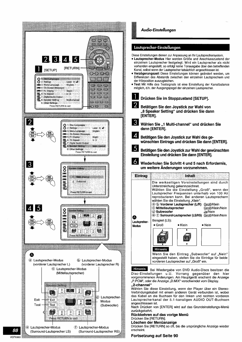 Lautsprecher-einstellungen, Eintrag, Lautspreher | Inhalt, Rückkehren auf das vorige menü, Löschen der menüanzeige, Ckj ü o, Iibl, Fortsetzung auf seite 90 | Panasonic DVDA10 User Manual | Page 88 / 108