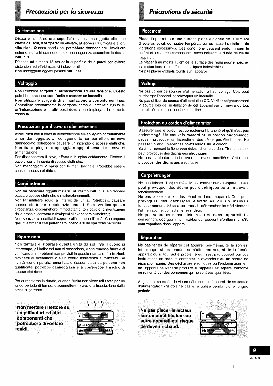 Sistemazione, Placement, Voltaggio | Precauzioni per i| cavo di alimentazione, Corpi esfranei, Protection du cordon d'alimentation, Corps étranger, Riparazioni | Panasonic DVDA10 User Manual | Page 9 / 108