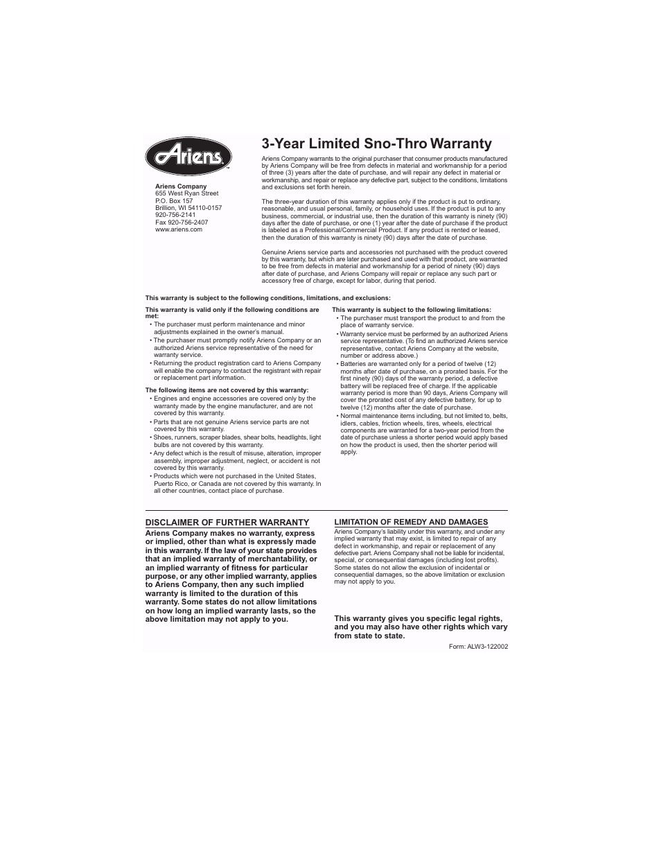 Year limited sno-thro warranty | Ariens SNO-THRO 932507 - 520  EU User Manual | Page 30 / 31