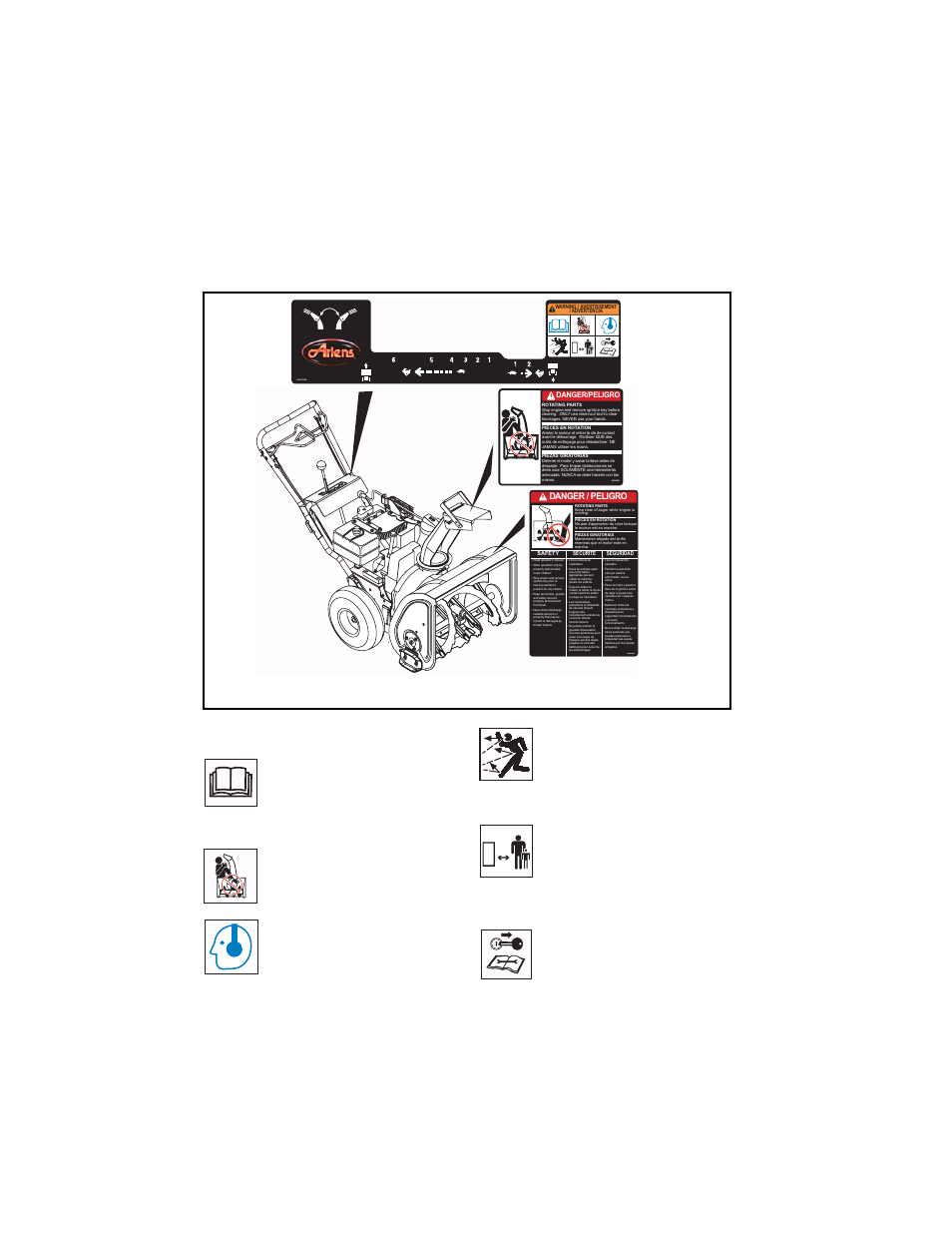 Required operator training, Safety decals and locations, Warning | Gb - 6, Danger / peligro | Ariens SNO-THRO 932507 - 520  EU User Manual | Page 6 / 31