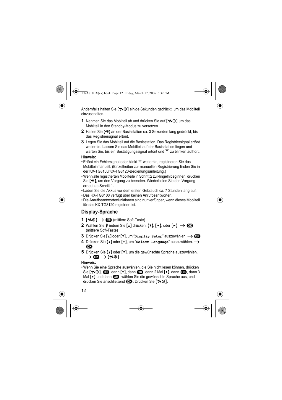 Hinweis, Display-sprache, 1 {ih} i " (mittlere soft-taste) | Panasonic KXTGA810EX User Manual | Page 12 / 76