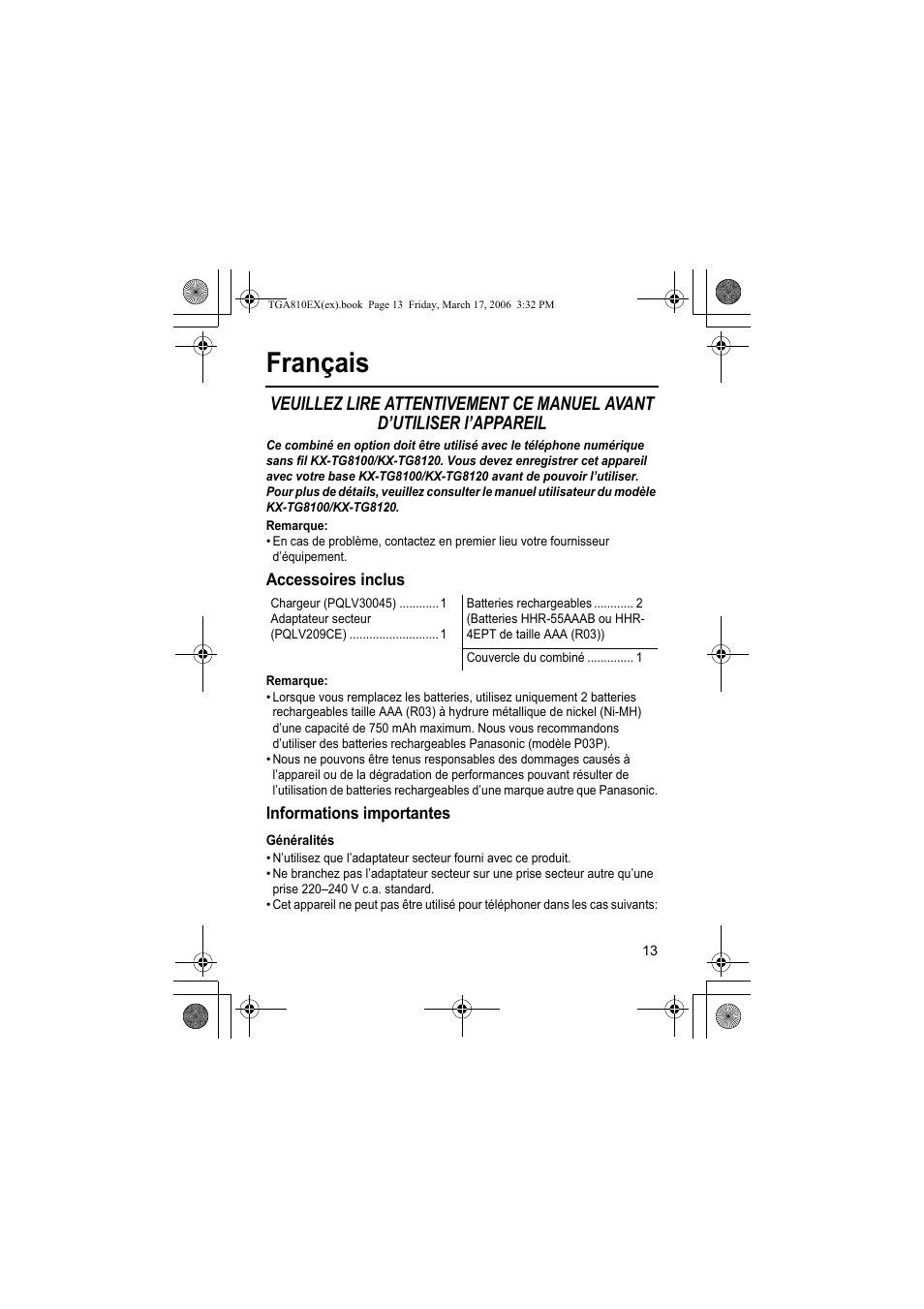 Français, Remarque, Accessoires inclus | Informations importantes, Généralités | Panasonic KXTGA810EX User Manual | Page 13 / 76