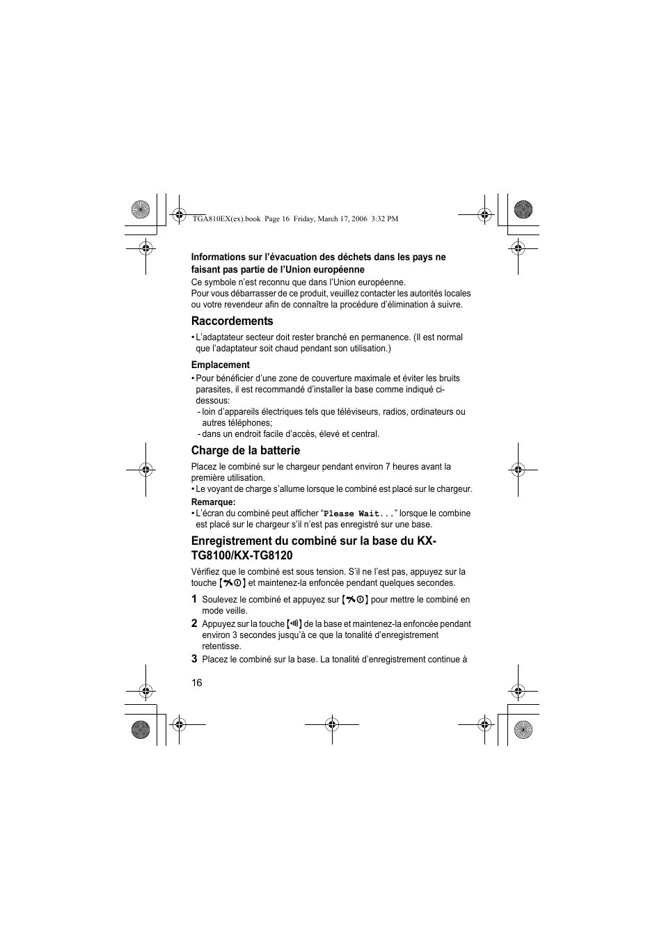 Raccordements, Emplacement, Charge de la batterie | Remarque | Panasonic KXTGA810EX User Manual | Page 16 / 76