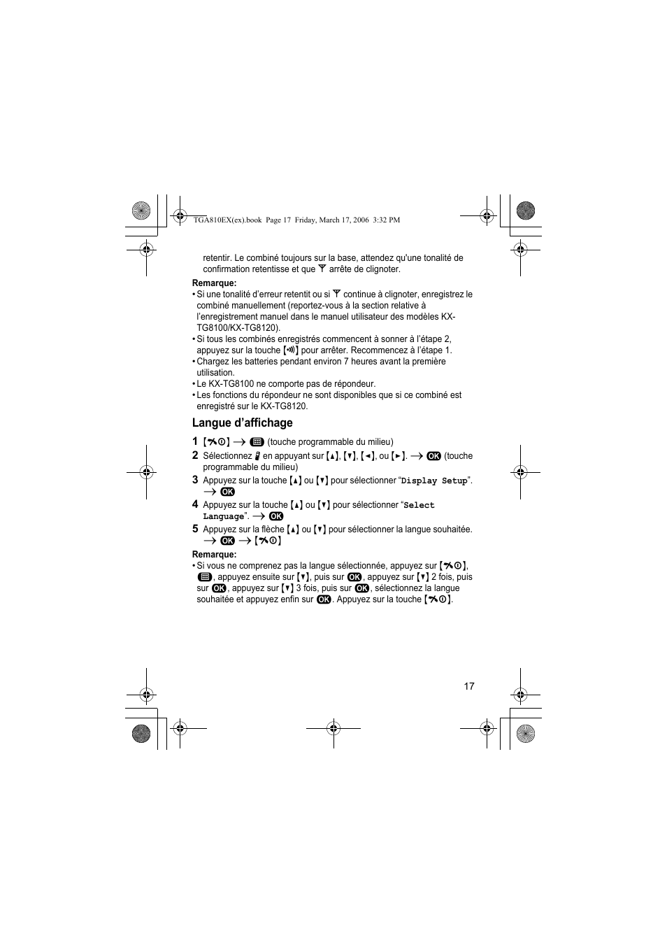 Remarque, Langue d’affichage, 1 {ih} i " (touche programmable du milieu) | Panasonic KXTGA810EX User Manual | Page 17 / 76