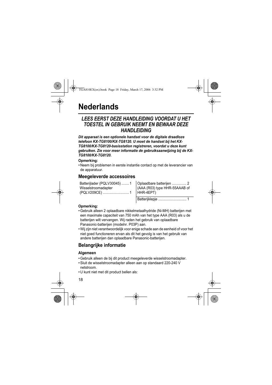 Nederlands, Opmerking, Meegeleverde accessoires | Belangrijke informatie, Algemeen | Panasonic KXTGA810EX User Manual | Page 18 / 76