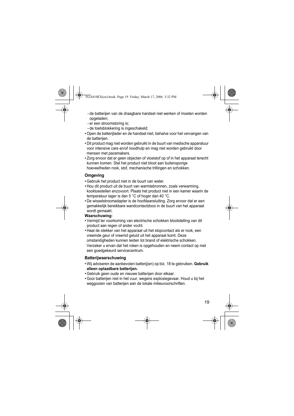 Omgeving, Batterijwaarschuwing | Panasonic KXTGA810EX User Manual | Page 19 / 76