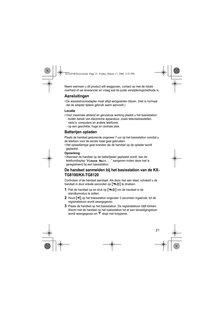 Aansluitingen, Locatie, Batterijen opladen | Opmerking | Panasonic KXTGA810EX User Manual | Page 21 / 76