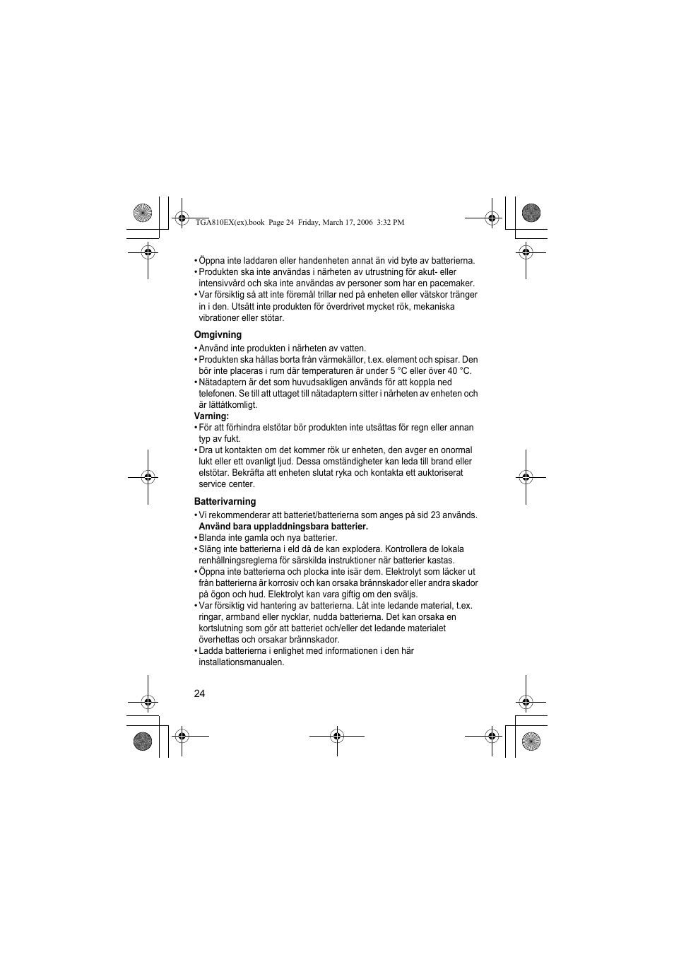 Omgivning, Batterivarning | Panasonic KXTGA810EX User Manual | Page 24 / 76