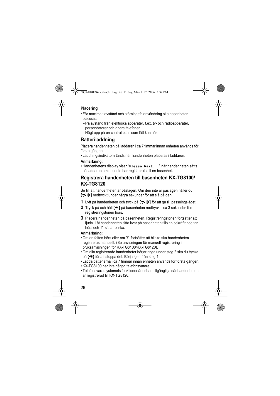 Placering, Batteriladdning, Anmärkning | Panasonic KXTGA810EX User Manual | Page 26 / 76