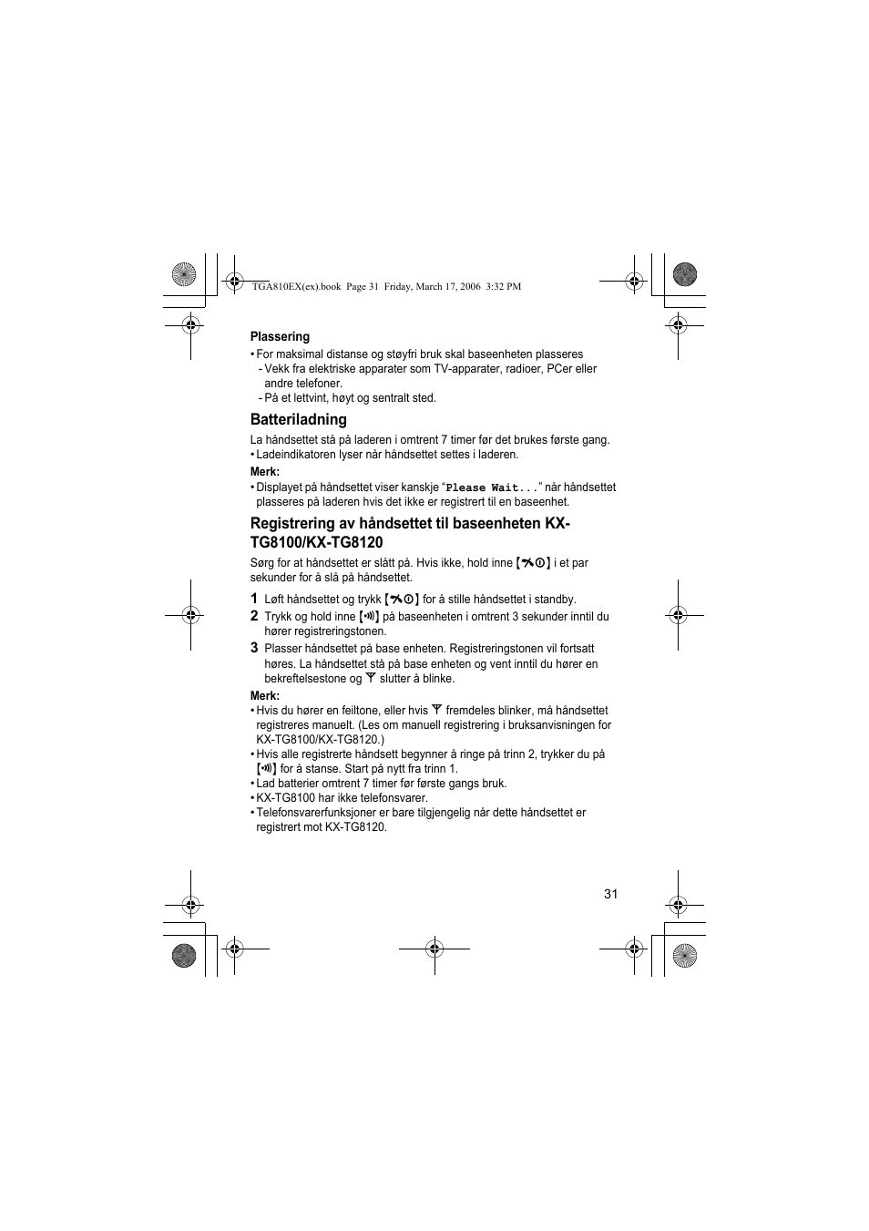 Plassering, Batteriladning, Merk | Panasonic KXTGA810EX User Manual | Page 31 / 76