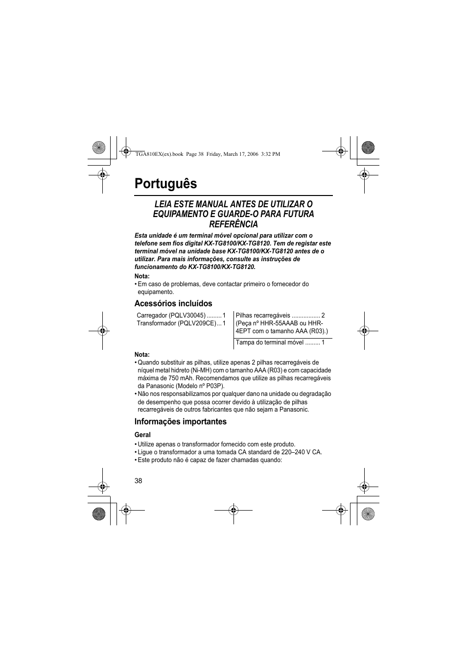 Português, Nota, Acessórios incluídos | Informações importantes, Geral | Panasonic KXTGA810EX User Manual | Page 38 / 76